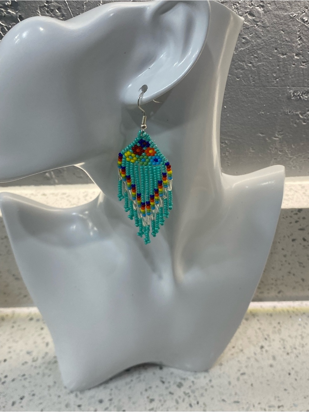 Set of 2 Beaded Flower Fringe Earrings - Teal & Lavender Boho Stack
